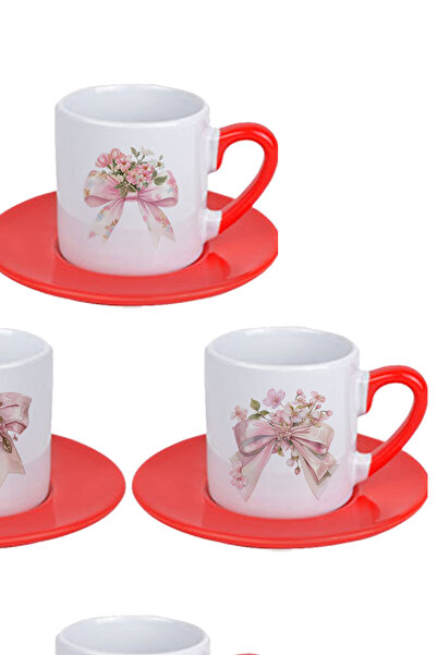 giftkonsept Pink Floral Bow Printed Red Set of 4 Porcelain Turkish Coffee Cups