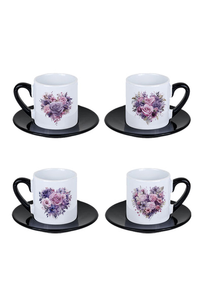 giftkonsept Purple Roses Printed Black Set of 4 Porcelain Turkish Coffee Cups