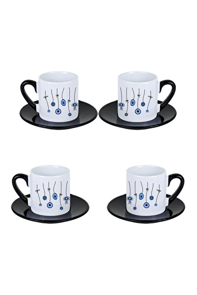 giftkonsept Evil Eye Bead Patterned Printed Black Set of 4 Porcelain Turkish ...