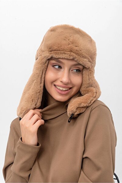 Saria Moda Camel Kulaklıklı Suni Kürk Peluş Kadın Kar Bere/sapka
