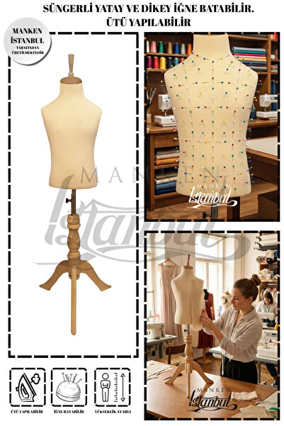 Manken İstanbul Çocuk Krem Kumaşlı Doğal Ahşap Ayaklı 6 Yaş Terzi Mankeni Pro...