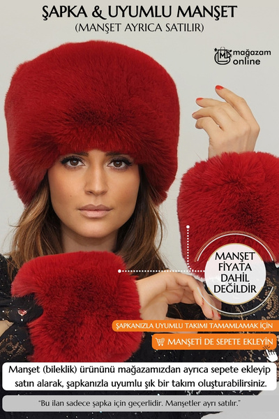 Mağazam Online Fluffy Dense Furry Plush Faux Fur Kalpak Hat Women's Winter Beanie - Toscana Burgundy