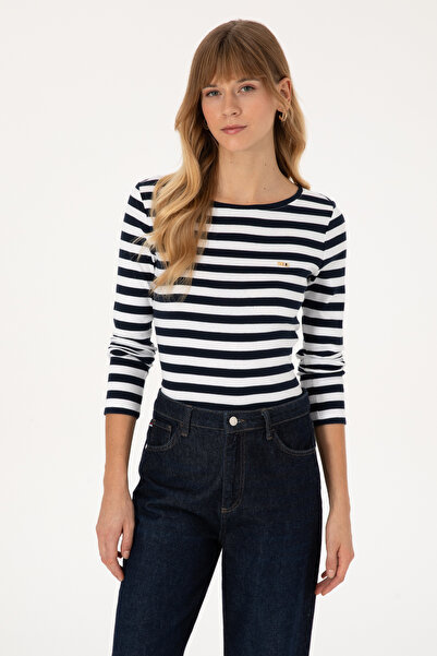 U.S. Polo Assn. Kadın Lacivert Çizgili Bisiklet Yaka Sweatshırt 50314203-VR033