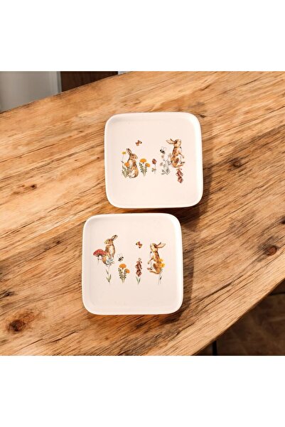 Mimoza Porselen ve Seramik Tavşan Desenler Porselen Kare Mini Sunum Tabağı 2'li