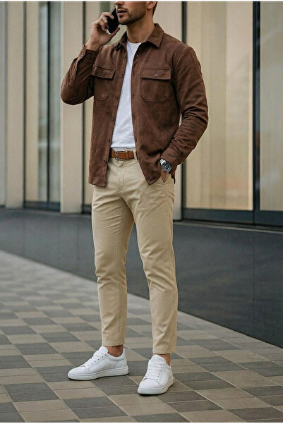 MADZEYMODA New Season Ανδρικό πουκάμισο Scuba καφέ σουέντ Mz19808