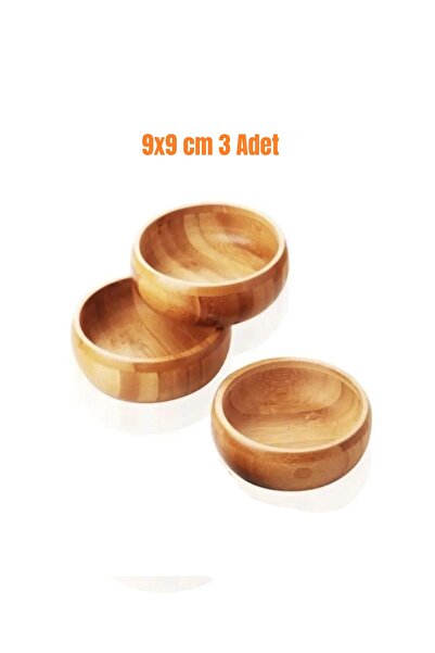 EZMK EV GEREÇLERİ Balsa Bambu Yuvarlak 3'lü Çerezlik Kase 9 cm