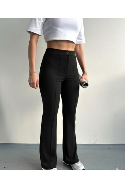 glanour Γυναικείο μαύρο παντελόνι ψηλόμεσο εφέ σύσφιξης με φουσκωτό πόδι με ρέλι