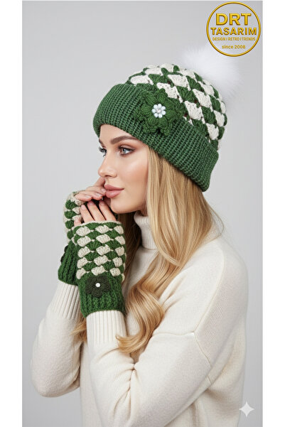 drt tasarım طقم قفازات بيريه نسائية باللونين الأخضر والأبيض منقوشة DRT-BEAN-014