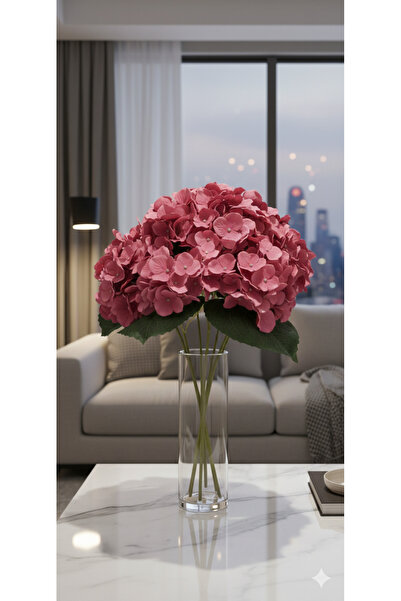 YAPAY ÇİÇEK DERYASI 1 Adet 5 Dallı Ortanca Gül Kurusu Rengi Ev Dekor