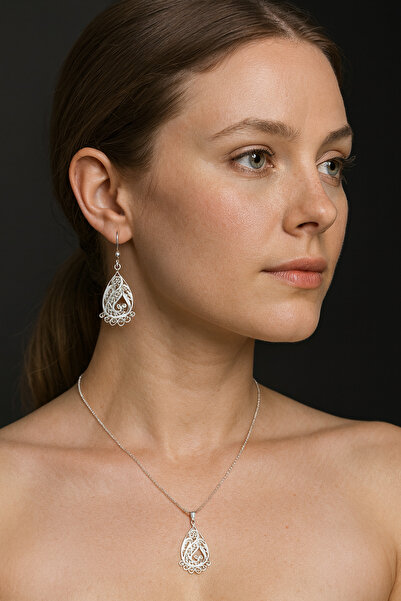 Agai Silver Yaprak Model Telkari El İşçiliği 925 Ayar Gümüş İkili Set