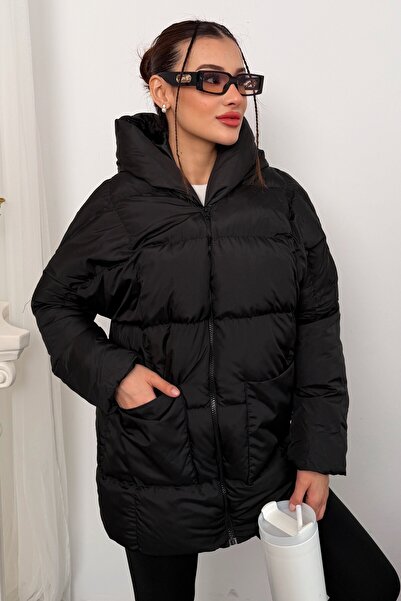 moda armanc Palton negru pentru femei cu glugă supradimensionat - Palton de iarnă cu mâneci liliac