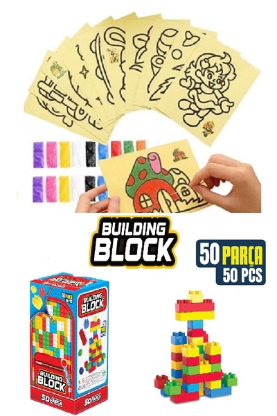 W-Design 25 Adet Büyük Boy Kaliteli Kum Boyama Seti, A4 Boyutunda + 50 Parça Yapı Blok Seti Yapı Oyuncak
