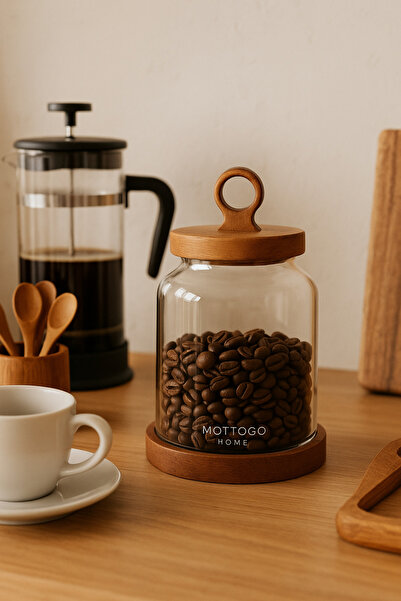 Mottogo جرة زجاجية مفرغة من أكاسيا مع غطاء وقاعدة