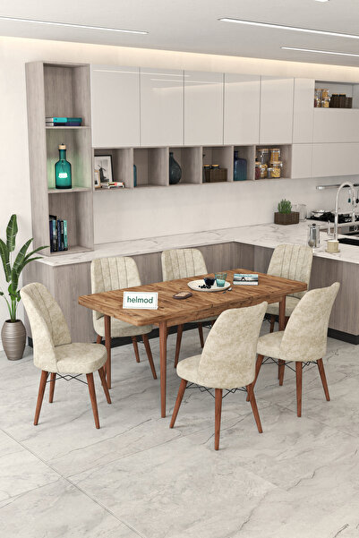 HELMOD Mutfak Masası Takımı| 6 Kişilik Açılır Masa Sandalye Takımı Salon Masası Yemek Masası - Krem