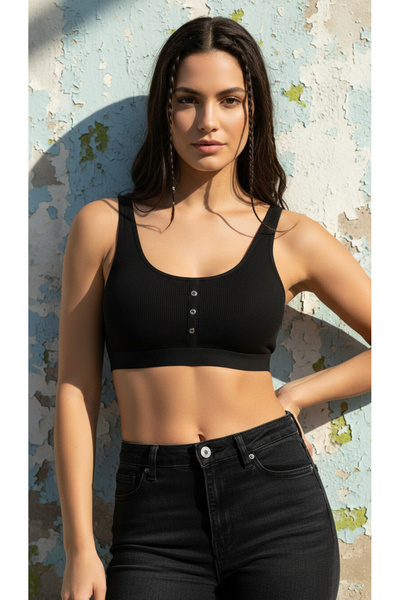 ACTRİS Ribbed Knit Button Padded Crop Bustier Sports Bra Black Thick Straps
