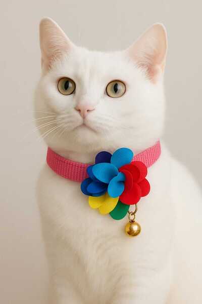 MIT Cat Collar Double Bell Floral Rainbow Pink