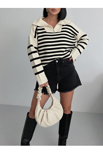 QETEENN Pulover supradimensionat cu dungi și guler cu fermoar