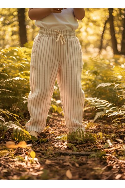 Bondberro Καφέ ριγέ παντελόνι μουσελίνας για αγόρια 100% βαμβάκι