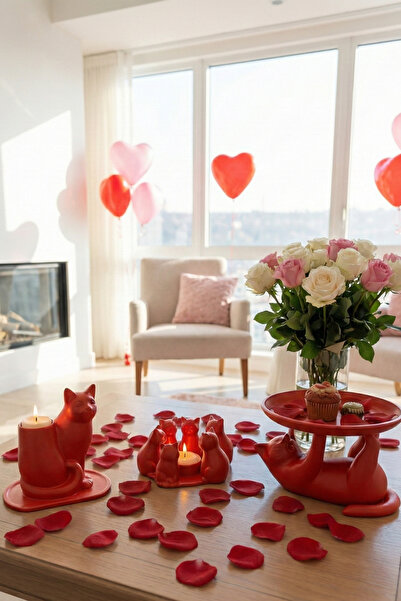 Oxyteez Neşeli Kedi Dostlar Dekoratif Kedi Figürleri Tealight Mumluk ve Atıştırmalık Tabağı Seti