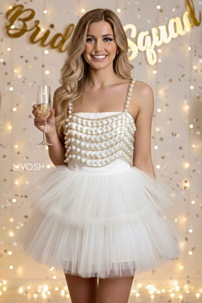 LIVOSH İNCİLİ ZİNCİRLİ BÜSTİYER ÖZEL GÜN AKSESUARI BEKARLIĞA VEDA ELBİSESİ