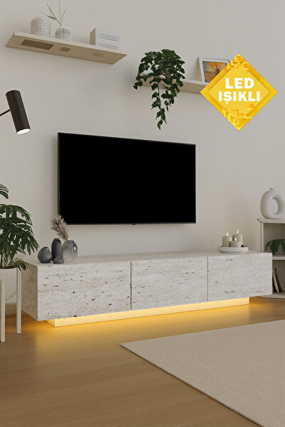 Estoria Home Terra Led Işıklı Traverten Mermer Tv Ünitesi Modern Uçan Tv Sehpası 3 Kapaklı Bohem Minimal Tasarım