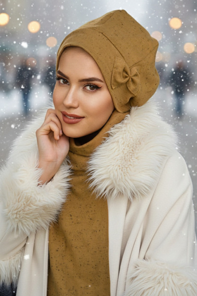 Aişe tesettür Hardal Desenli Fiyonklu Tesettür Bere