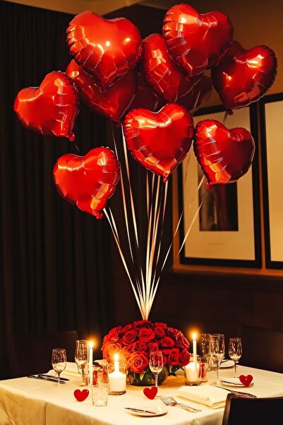 Baloncu Demmo 5'Li Kırmızı Kalp Folyo Balon, Rafya, Aşk, Romantik, Doğum Günü