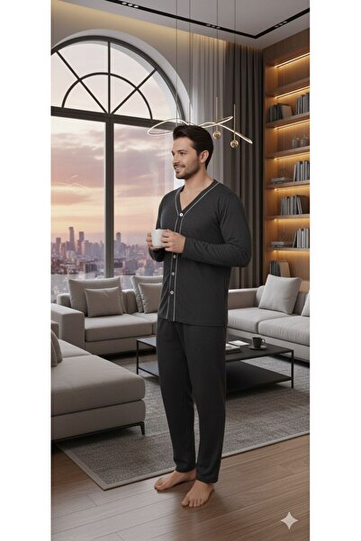 Sude HOMEWEAR - Ercan Μπροστινό Κουμπωτό Μαύρο Ανδρικό Pjm Tkm