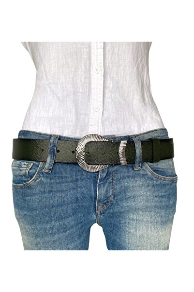GoDeri 100% piele naturală, cataramă argintie, curea de blugi pentru femei verzi cu punte metalică 4 cm=an-byn-63