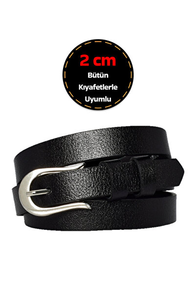 GoDeri حزام نسائي من الجلد الطبيعي باللون الأسود - 2 سم رفيع، إبزيم فضي، لفستان وبنطلون