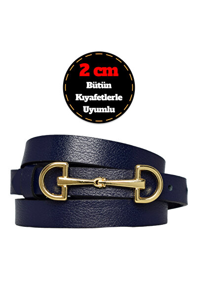 GoDeri حزام نسائي باللون الأزرق الداكن - جلد طبيعي 100%، إبزيم رفيع 2 سم، لون ذهبي، D&D للفستان والسراويل