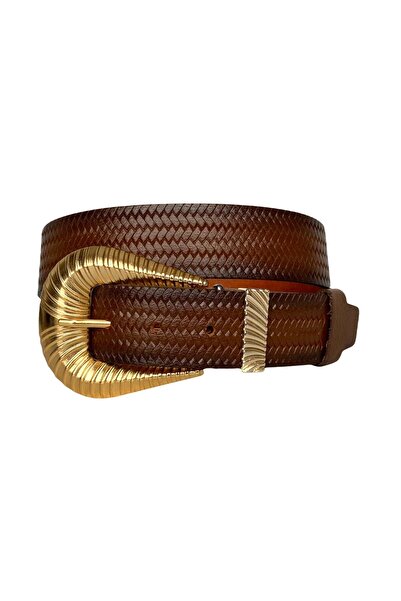 GoDeri 100% Genuine Leather, Brown Women's Jeans Belt with Large Gold Buckle and Metal Bridge 4 Cm=an-byn-65