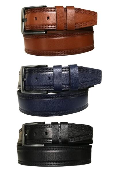 GoDeri طقم جينز منقوش من الجلد الطبيعي مكون من 3 قطع، حزام رياضي 4.5 سم أسود، أزرق داكن، أسمر = 3 قطع-hsn-05.07.08