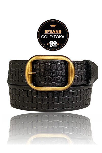 GoDeri 100% Genuine Leather, Legendary Gold Brushed Buckle, Black Women's Jeans Belt 4 Cm=23-Brushed Gold