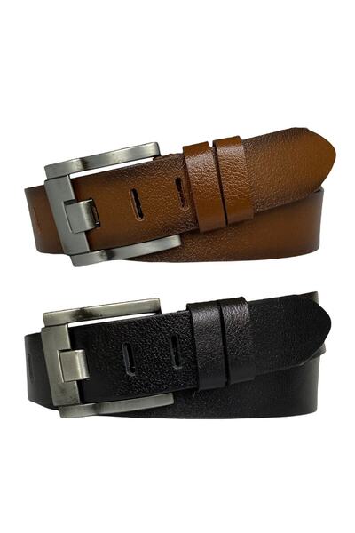 GoDeri طقم جينز عريض من الجلد الطبيعي باللون الأسود مكون من قطعتين - حزام رياضي Tosado مقاس 4.5 سم