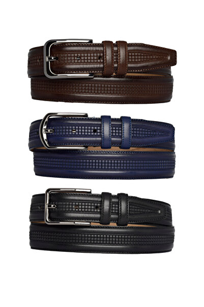 GoDeri 100% جلد طبيعي، طقم 3 قطع أسود، أزرق داكن، بني داكن مخيط، حزام بنطلون قماش 3.5 سم_ORTABAS