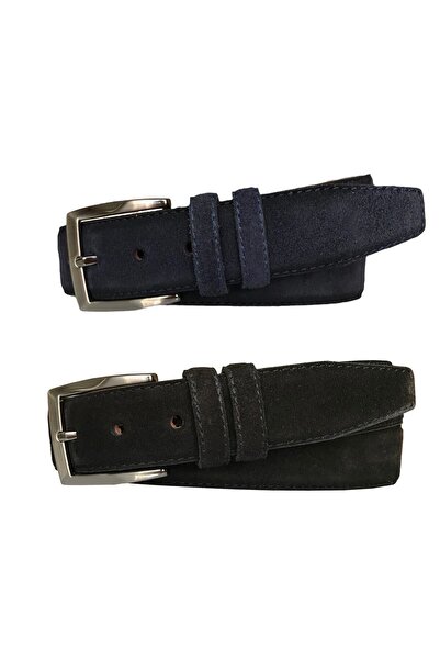 GoDeri طقم جلد سويدي أصلي عالي الجودة مكون من 2 حزام بنطلون قماش كلاسيكي أسود كحلي 3.5 سم