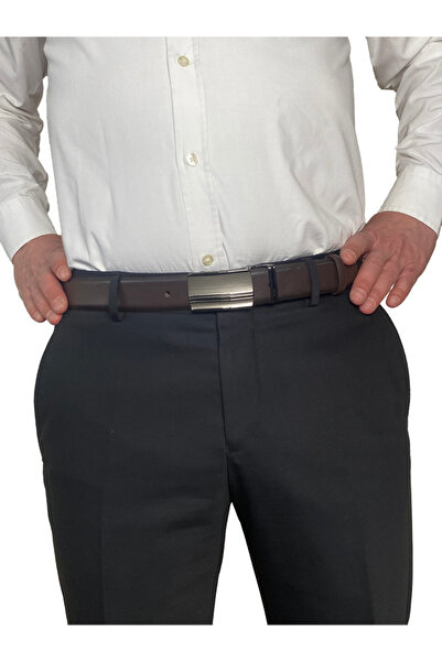 GoDeri 100% Genuine Leather, CLAMSHELL BUCKLE, Dark Brown Classic, Fabric Trouser Belt 3.5 cm