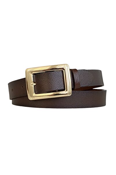 GoDeri %100 Hakiki Deri Gold Dikdörtgen Tokalı Koyu Kahverengi Ince Kadın Kemeri, 3cm=3cm-kdn-38