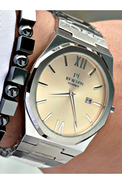 Reward Gümüş Renk Takvimli Sade Klasik Model Erkek Kol Saati + BİLEKLİK HEDİYELİ