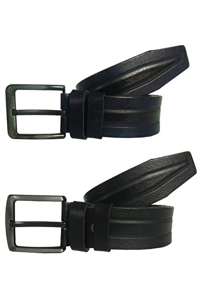 GoDeri Натуральна шкіра Чорний і темно-синій джинсовий ремінь - 4,5 см, набір з 2 штук