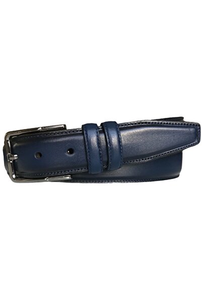 GoDeri Navy Blue Genuine Leather Classic Fabric Trouser Belt - Stitched Edges, 3.5 Cm=go-dk-kla