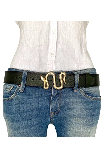 GoDeri 100% pravá kůže, zelený dámský džínový pásek se zlatou hadí přezkou 4 Cm=an-byn-47