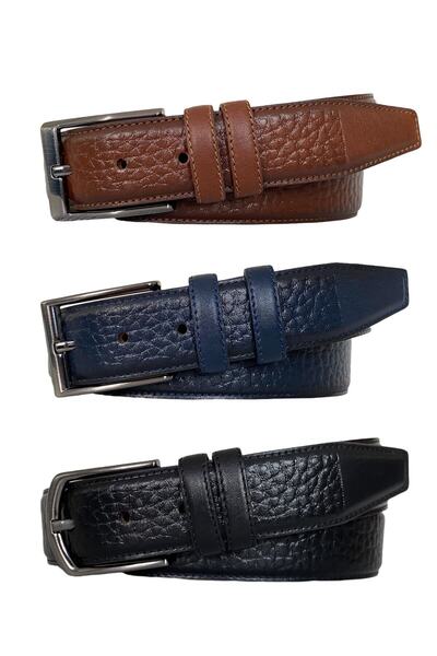 GoDeri مجموعة من 3 قطع من الجلد الطبيعي 100%، حزام بنطلون كلاسيكي من القماش المُخيط؛ أسود، أزرق داكن، بني 3.5 سم = أرز