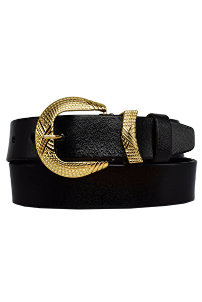 GoDeri 100% جلد طبيعي، طقم ذهبي بإبزيم 4 سم حزام نسائي أسود؛ جينز، حزام رياضي=an-byn-63.gold.set