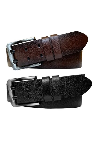 GoDeri 100% جلد طبيعي، مجموعة مزدوجة اللغة مكونة من قطعتين 4.5 سم حزام جينز قطعة واحدة أسود، بني داكن = 2 زوج