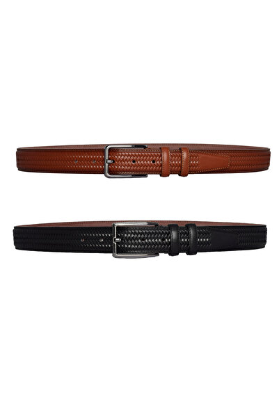 GoDeri 100% Γνήσιο Δέρμα, Σετ 2 Μαύρα, Πλεκτά Πλεκτά Πλεκτά Παντελόνια Tosado. Ζώνη 3,5 εκ.πλεξ.μπάσ