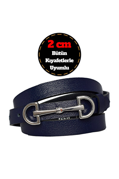 GoDeri Γυναικεία ζώνη Navy Blue - 100% γνήσιο δέρμα, ασημί πόρπη, λεπτή 2 cm; Ζώνη φορέματος και παντελονιού D&D