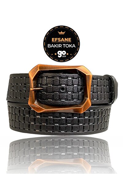 GoDeri 100% جلد طبيعي، إبزيم نحاسي أسطوري، حزام جينز نسائي أسود 4 سم = 08 نحاس