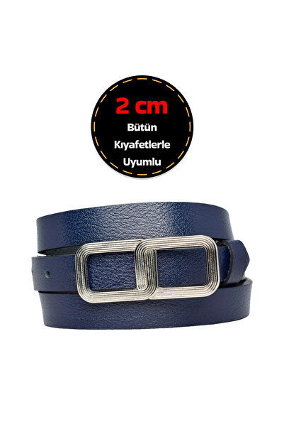GoDeri Navy Blue Thin Belt for Women - 100% Genuine Leather, Silver Buckle, for Dress and Pants